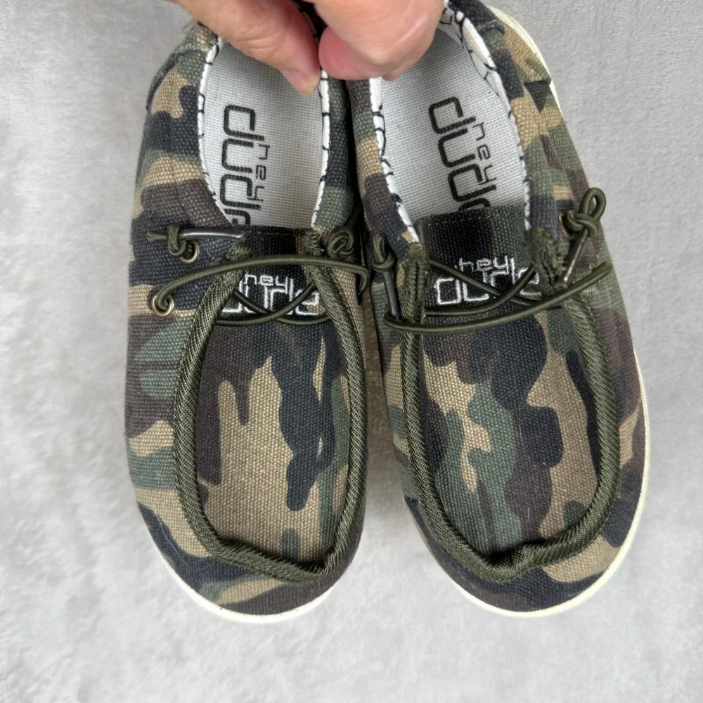 Hey Dude Wally Youth Camo Canvas Slip On Loafers Green Brown Kids Shoes